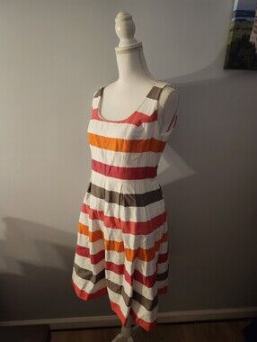 Nine West Striped Sleeveless Fit-and-Flare Dress in White, Orange & Pink Size 6